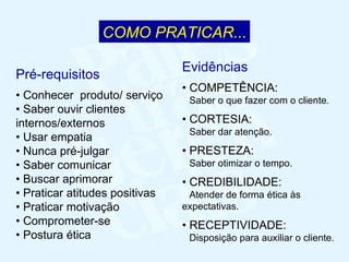 Evidências •  COMPETÊNCIA: Saber o que fazer com o cliente. •  CORTESIA: Saber dar atenção. •  PRESTEZA: Saber otimizar o tempo. •  CREDIBILIDADE: Atender de forma ética às expectativas. •  RECEPTIVIDADE: Disposição para auxiliar o cliente. Pré-requisitos •  Conhecer  produto/ serviço •  Saber ouvir clientes internos/externos •  Usar empatia •  Nunca pré-julgar •  Saber comunicar •  Buscar aprimorar •  Praticar atitudes positivas •  Praticar motivação •  Comprometer-se •  Postura ética COMO PRATICAR... 