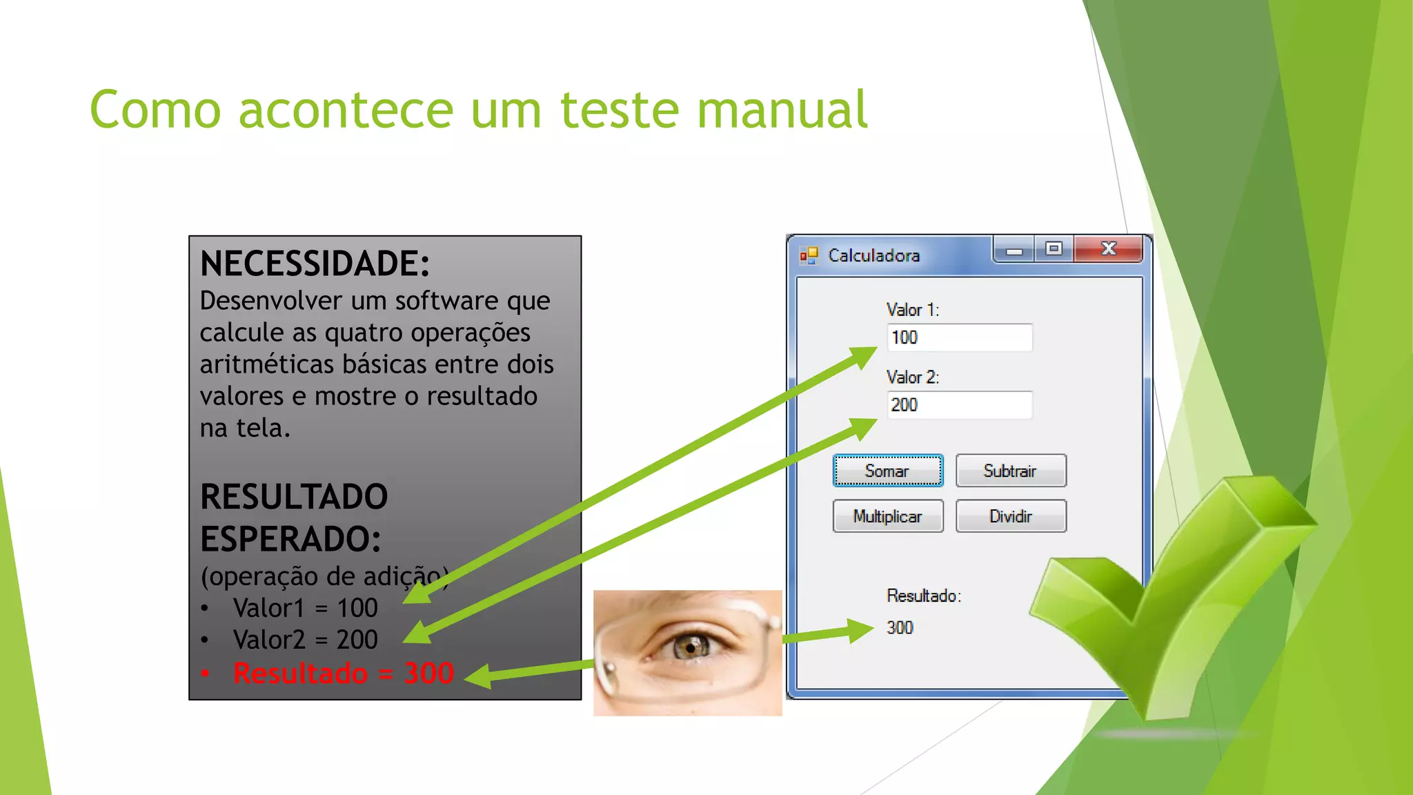 Como acontece um teste manual
NECESSIDADE:
Desenvolver um software que
calcule as quatro operações
aritméticas básicas entre dois
valores e mostre o resultado
na tela.
RESULTADO
ESPERADO:
(operação de adição)
• Valor1 = 100
• Valor2 = 200
• Resultado = 300
 