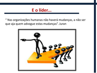 E o líder...
“ Nas organizações humanas não haverá mudanças, a não ser
que aja quem advogue estas mudanças”. Juran
 
