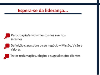 Espera-se da liderança...



Participação/envolvimentos nos eventos
internos
Definição clara sobre o seu negócio – Missão, Visão e
Valores
Tratar reclamações, elogios e sugestões dos clientes
 