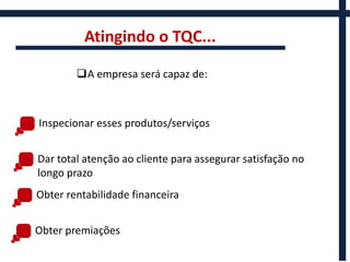 Atingindo o TQC...

        A empresa será capaz de:



Inspecionar esses produtos/serviços


Dar total atenção ao cliente para assegurar satisfação no
longo prazo
Obter rentabilidade financeira


Obter premiações
 