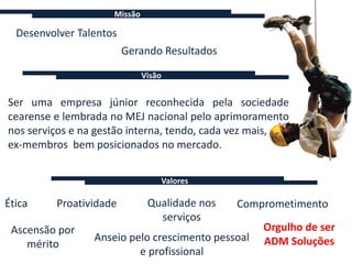 Missão

  Desenvolver Talentos
                         Gerando Resultados

                              Visão


Ser uma empresa júnior reconhecida pela sociedade
cearense e lembrada no MEJ nacional pelo aprimoramento
nos serviços e na gestão interna, tendo, cada vez mais,
ex-membros bem posicionados no mercado.


                                  Valores

Ética     Proatividade         Qualidade nos   Comprometimento
                                 serviços
 Ascensão por                                      Orgulho de ser
                 Anseio pelo crescimento pessoal   ADM Soluções
    mérito
                          e profissional
 