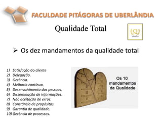  Os dez mandamentos da qualidade total
Qualidade Total
1) Satisfação do cliente
2) Delegação.
3) Gerência.
4) Melhoria contínua.
5) Desenvolvimento das pessoas.
6) Disseminação de informações.
7) Não aceitação de erros.
8) Constância de propósitos.
9) Garantia de qualidade.
10) Gerência de processos.
 