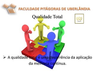  A qualidade total é uma decorrência da aplicação
da melhoria contínua.
Qualidade Total
 