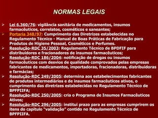 NORMAS LEGAIS
   Lei 6.360/76: vigilância sanitária de medicamentos, insumos
    farmacêuticos, correlatos, cosméticos e saneantes;
   Portaria 348/97: Cumprimento das Diretrizes estabelecidas no
    Regulamento Técnico - Manual de Boas Práticas de Fabricação para
    Produtos de Higiene Pessoal, Cosméticos e Perfumes.
   Resolução-RDC 35/2003: Regulamento Técnico de BPDFIF para
    distribuidores e fracionadores de insumos farmacêuticos;
   Resolução-RDC 186/2004: notificação de drogas ou insumos
    farmacêuticos com desvios de qualidade comprovados pelas empresas
    fabricantes de medicamentos, importadoras, fracionadoras, distribuidoras
    e farmácias;
   Resolução-RDC 249/2005: determina aos estabelecimentos fabricantes
    de produtos intermediários e de insumos farmacêuticos ativos, o
    cumprimento das diretrizes estabelecidas no Regulamento Técnico de
    BPFPIIFA;
   Resolução-RDC 250/2005: cria o Programa de Insumos Farmacêuticos
    Ativos;
   Resolução-RDC 296/2005: institui prazo para as empresas cumprirem os
    itens do capítulo “validação” contido no Regulamento Técnico de
    BPFPIIFA.
 