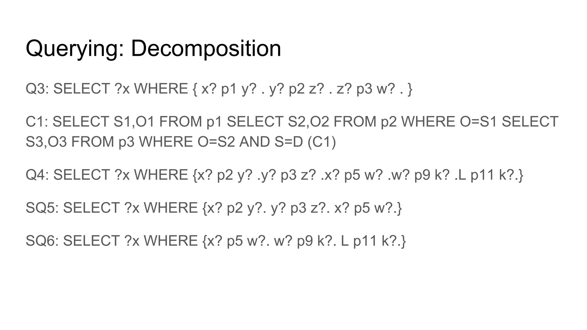 Querying: Decomposition Q1: SELECT ?x WHERE {x? p5 y? . y? p2 z? .} Q2: SELECT ?x WHERE {x? p9 y? . M p10 y? .} D1: db.partition1.find({p5:{$exists:true}, p2:{$exists:true}}}) D2: db.partition1.find({p9:{$exists:true}, subject:M}}) 