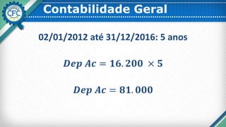 Contabilidade Geral
02/01/2012 até 31/12/2016: 5 anos
𝑫𝒆𝒑 𝑨𝒄 = 𝟏𝟔. 𝟐𝟎𝟎 × 𝟓
𝑫𝒆𝒑 𝑨𝒄 = 𝟖𝟏. 𝟎𝟎𝟎
 