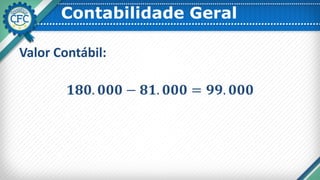 Contabilidade Geral
Valor Contábil:
𝟏𝟖𝟎. 𝟎𝟎𝟎 − 𝟖𝟏. 𝟎𝟎𝟎 = 𝟗𝟗. 𝟎𝟎𝟎
 