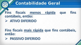Contabilidade Geral
Fins fiscais menos rápida que fins
contábeis, então:
 ATIVO DIFERIDO
Fins fiscais mais rápida que fins contábeis,
então:
 PASSIVO DIFERIDO
 
