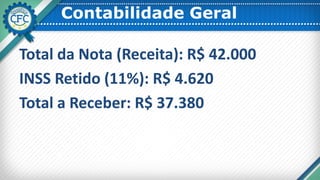 Contabilidade Geral
Total da Nota (Receita): R$ 42.000
INSS Retido (11%): R$ 4.620
Total a Receber: R$ 37.380
 