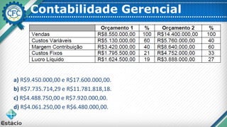 Contabilidade Gerencial
a) R$9.450.000,00 e R$17.600.000,00.
b) R$7.735.714,29 e R$11.781.818,18.
c) R$4.488.750,00 e R$7.920.000,00.
d) R$4.061.250,00 e R$6.480.000,00.
 