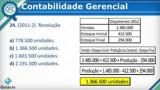 Contabilidade Gerencial
24. (2011-2) Resolução
a) 778.500 unidades.
b) 1.366.500 unidades.
c) 1.603.500 unidades.
d) 2.191.500 unidades.
Orçamento 2012
Vendas 1.485.000
Estoque Inicial 412.500
Estoque Final 294.000
Vendas=EstoqueInicial+Produção(ouCompras)-EstoqueFinal
1.485.000=412.500+Produção- 294.000
Produção=1.485.000- 412.500+294.000
1.366.500 unidades
 
