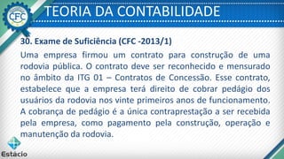 TEORIA DA CONTABILIDADE
30. Exame de Suficiência (CFC -2013/1)
Uma empresa firmou um contrato para construção de uma
rodovia pública. O contrato deve ser reconhecido e mensurado
no âmbito da ITG 01 – Contratos de Concessão. Esse contrato,
estabelece que a empresa terá direito de cobrar pedágio dos
usuários da rodovia nos vinte primeiros anos de funcionamento.
A cobrança de pedágio é a única contraprestação a ser recebida
pela empresa, como pagamento pela construção, operação e
manutenção da rodovia.
 