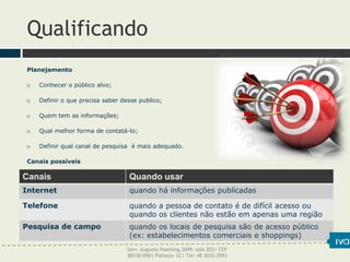 Qualificando
Planejamento
 Conhecer o público alvo;
 Definir o que precisa saber desse publico;
 Quem tem as informações;
 Qual melhor forma de contatá-lo;
 Definir qual canal de pesquisa é mais adequado.
Canais possíveis
Canais Quando usar
Internet quando há informações publicadas
Telefone quando a pessoa de contato é de difícil acesso ou
quando os clientes não estão em apenas uma região
Pesquisa de campo quando os locais de pesquisa são de acesso público
(ex: estabelecimentos comerciais e shoppings)
Serv. Augusto Haeming,2699- sala 203| CEP
88130-090| Palhoça- SC| Tel: 48 3033-3593
 