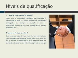 Níveis de qualificação
 Nível 2- Informações de negócio
Neste nível de qualificação corporativa são coletadas as
informações do nível 1 e outras informações consideradas
privilegiadas (ex: intenção de aquisição ou troca de
determinado produto/serviço, qual produto/serviço utilizam
atualmente, etc.).
O que se pode fazer com isso?
Esse banco de dados é muito mais rico em informações e
torna o trabalho da equipe de vendas mais eficaz. Uma vez
que já se tem a informação de quais empresas tem real
chance de interessar-se por determinado produto ou serviço.
 