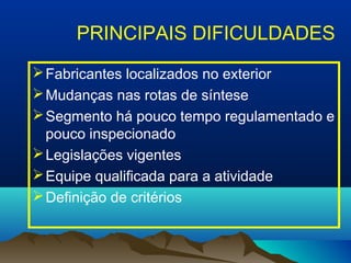 PRINCIPAIS DIFICULDADES 
Fabricantes localizados no exterior 
Mudanças nas rotas de síntese 
Segmento há pouco tempo regulamentado e 
pouco inspecionado 
Legislações vigentes 
Equipe qualificada para a atividade 
Definição de critérios 
 