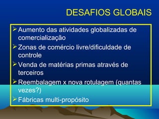 DESAFIOS GLOBAIS 
Aumento das atividades globalizadas de 
comercialização 
Zonas de comércio livre/dificuldade de 
controle 
Venda de matérias primas através de 
terceiros 
Reembalagem x nova rotulagem (quantas 
vezes?) 
Fábricas multi-propósito 
 