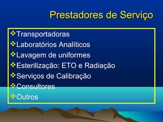 PPrreessttaaddoorreess ddee SSeerrvviiççoo 
Transportadoras 
Laboratórios Analíticos 
Lavagem de uniformes 
Esterilização: ETO e Radiação 
Serviços de Calibração 
Consultores 
Outros 
 
