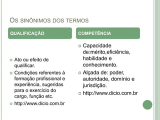 OS SINÔNIMOS DOS TERMOS
 Ato ou efeito de
qualificar.
 Condições referentes à
formação profissional e
experiência, sugeridas
para o exercício do
cargo, função etc.
 http://www.dicio.com.br
 Capacidade
de:mérito,eficiência,
habilidade e
conhecimento.
 Alçada de: poder,
autoridade, domínio e
jurisdição.
 http://www.dicio.com.br
QUALIFICAÇÃO COMPETÊNCIA
 