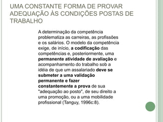 UMA CONSTANTE FORMA DE PROVAR
ADEQUAÇÃO ÀS CONDIÇÕES POSTAS DE
TRABALHO
A determinação da competência
problematiza as carreiras, as profissões
e os salários. O modelo da competência
exige, de início, a codificação das
competências e, posteriormente, uma
permanente atividade de avaliação e
acompanhamento do trabalho sob a
idéia de que um assalariado deve se
submeter a uma validação
permanente e fazer
constantemente a prova de sua
"adequação ao posto", de seu direito a
uma promoção, ou a uma mobilidade
profissional (Tanguy, 1996c:8).
 