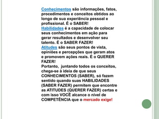 Conhecimentos são informações, fatos,
procedimentos e conceitos obtidos ao
longo de sua experiência pessoal e
profissional. É o SABER!
Habilidades é a capacidade de colocar
seus conhecimentos em ação para
gerar resultados e desenvolver seu
talento. É o SABER FAZER!
Atitudes são seus pontos de vista,
opiniões e percepções que geram atos
e promovem ações reais. É o QUERER
FAZER!
Portanto, juntando todos os conceitos,
chega-se à ideia de que seus
CONHECIMENTOS (SABER), só fazem
sentido quando suas HABILIDADES
(SABER FAZER) permitem que encontre
as ATITUDES (QUERER FAZER) certas e
com isso VOCÊ alcance o nível de
COMPETÊNCIA que o mercado exige!
 
