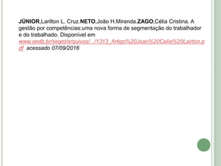 JÚNIOR,Larilton L. Cruz.NETO,João H.Miranda.ZAGO,Célia Cristina. A
gestão por competências:uma nova forma de segmentação do trabalhador
e do trabalhado. Disponível em
www.aedb.br/seget/arquivos/.../1313_Artigo%20Joao%20Celia%20Lairton.p
df acessado 07/09/2016
 