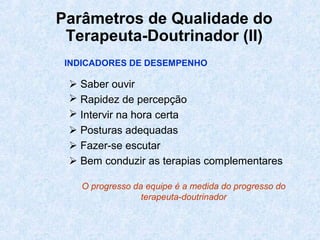 Parâmetros de Qualidade do
Terapeuta-Doutrinador (II)
INDICADORES DE DESEMPENHO
 Saber ouvir
 Rapidez de percepção
 Intervir na hora certa
 Posturas adequadas
 Fazer-se escutar
 Bem conduzir as terapias complementares
O progresso da equipe é a medida do progresso do
terapeuta-doutrinador
 