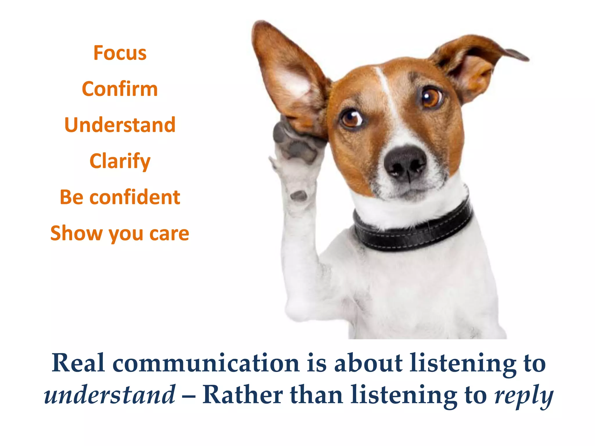Real communication is about listening to
understand – Rather than listening to reply
Focus
Confirm
Understand
Clarify
Be confident
Show you care
 