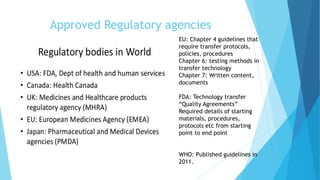 Approved Regulatory agencies
EU: Chapter 4 guidelines that
require transfer protocols,
policies, procedures
Chapter 6: testing methods in
transfer technology
Chapter 7: Written content,
documents
FDA: Technology transfer
“Quality Agreements”
Required details of starting
materials, procedures,
protocols etc from starting
point to end point
WHO: Published guidelines in
2011.
 