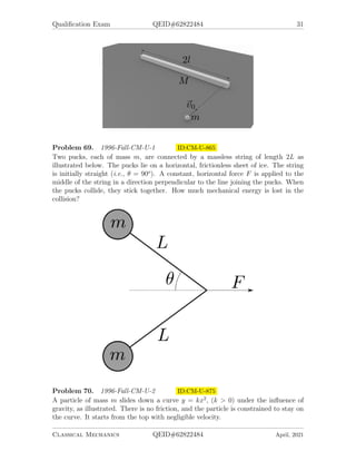 Qualification Exam QEID#62822484 31
Problem 69. 1996-Fall-CM-U-1 ID:CM-U-865
Two pucks, each of mass m, are connected by a massless string of length 2L as
illustrated below. The pucks lie on a horizontal, frictionless sheet of ice. The string
is initially straight (i.e., θ = 90o
). A constant, horizontal force F is applied to the
middle of the string in a direction perpendicular to the line joining the pucks. When
the pucks collide, they stick together. How much mechanical energy is lost in the
collision?
Problem 70. 1996-Fall-CM-U-2 ID:CM-U-875
A particle of mass m slides down a curve y = kx2
, (k  0) under the influence of
gravity, as illustrated. There is no friction, and the particle is constrained to stay on
the curve. It starts from the top with negligible velocity.
Classical Mechanics QEID#62822484 April, 2021
 