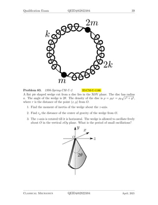 Qualification Exam QEID#62822484 39
Problem 83. 1998-Spring-CM-U-2 ID:CM-U-1186
A flat pie shaped wedge cut from a disc lies in the XOY plane. The disc has radius
a. The angle of the wedge is 2θ. The density of the disc is ρ = ρ0r = ρ0
p
x2 + y2,
where r is the distance of the point (x, y) from O.
1. Find the moment of inertia of the wedge about the z-axis.
2. Find rg the distance of the center of gravity of the wedge from O.
3. The z-axis is rotated till it is horizontal. The wedge is allowed to oscillate freely
about O in the vertical xOy plane. What is the period of small oscillations?
Classical Mechanics QEID#62822484 April, 2021
 