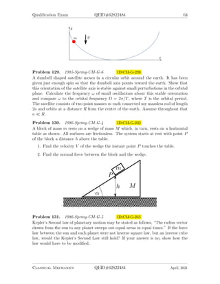 Qualification Exam QEID#62822484 64
Problem 129. 1985-Spring-CM-G-6 ID:CM-G-226
A dumbell shaped satellite moves in a circular orbit around the earth. It has been
given just enough spin so that the dumbell axis points toward the earth. Show that
this orientation of the satellite axis is stable against small perturbations in the orbital
plane. Calculate the frequency ω of small oscillations about this stable orientation
and compare ω to the orbital frequency Ω = 2π/T, where T is the orbital period.
The satellite consists of two point masses m each connected my massless rod of length
2a and orbits at a distance R from the center of the earth. Assume throughout that
a  R.
Problem 130. 1986-Spring-CM-G-4 ID:CM-G-232
A block of mass m rests on a wedge of mass M which, in turn, rests on a horizontal
table as shown. All surfaces are frictionless. The system starts at rest with point P
of the block a distance h above the table.
1. Find the velocity V of the wedge the instant point P touches the table.
2. Find the normal force between the block and the wedge.
Problem 131. 1986-Spring-CM-G-5 ID:CM-G-245
Kepler’s Second law of planetary motion may be stated as follows, “The radius vector
drawn from the sun to any planet sweeps out equal areas in equal times.” If the force
law between the sun and each planet were not inverse square law, but an inverse cube
law, would the Kepler’s Second Law still hold? If your answer is no, show how the
law would have to be modified.
Classical Mechanics QEID#62822484 April, 2021
 