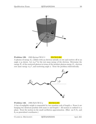 Qualification Exam QEID#62822484 66
2. Determine the one-dimensional effective potential for this central force prob-
lem. Sketch the two effective potentials for this problem, before and after this
impulse, on the same graph. Be sure to clearly indicate the differences between
them in your figure
Problem 135. 1988-Fall-CM-G-5 ID:CM-G-291
A cylindrical pencil of length l, mass m and diameter small compared to its length
rests on a horizontal frictionless surface. This pencil is initially motionless.At t=0, a
large, uniform, horizontal impulsive force F lasting a time ∆t is applied to the end
of the pencil in a direction perpendicular to the pencil’s long dimension. This time
interval is sufficiently short, that we may neglect any motion of the system during
the application of this impulse. For convenience, consider that the center-of-mess of
the pencil is initially located at the origin of the x − y plane with the long dimension
of the pencil parallel to the x-axis. In terms of F, ∆t, l, and m answer the following:
1. Find the expression for the position of the center-of-mass of the pencil as a
function of the time, t, after the application of the impulse.
2. Calculate the time necessary for the pencil to rotate through an angle of π/2
radians.
Problem 136. 1989-Fall-CM-G-4 ID:CM-G-305
Consider the motion of a rod, whose ends can slide freely on a smooth vertical circular
ring, the ring being free to rotate about its vertical diameter, which is fixed. Let m
be the mass of the rod and 2a its length; let M be the mass of the ring and r its
radius; let θ be the inclination of the rod to the horizontal, and φ the azimuth of the
ring referred to some fixed vertical plane, at any time t.
1. Calculate the moment of inertia of the rod about an axis through the center of
the ring perpendicular to its plane, in terms of r, a, and m.
2. Calculate the moment of inertia of the rod about the vertical diameter, in terms
of r, a, m, and θ.
3. Set up the Lagrangian.
4. Find which coordinate is ignorable (i.e., it does not occur in the Lagrangian)
and use this result to simplify the Lagrange equations of motion of θ and φ.
Show that θ and φ are separable but do not try to integrate this equation.
5. Is the total energy of the system a constant of motion? (justify your answer)
Classical Mechanics QEID#62822484 April, 2021
 