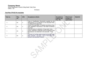 Company Name
       IQ/OQ Qualification Protocol of Bag Sealer Tests Plans.
       Edition: 1.00
                                                           Enclosure

Test Plan (TP-02) Pre requisites


Test no.               Req.       C/Q        Acceptance criteria                                         Acceptance      Attachment     Date/Init
                       no.                                                                               criteria met:   number (if
                                                                                                         Yes / No        applicable)*
                                              Copy of Qualification Documents supplied by the
  5.                   N/A        Q           Manufacturer to be attached to the executed Proto-
                                              col (Manual first page only).
                                              Verify if the bag sealer is installed according to Sup-
  6.                   N/A        Q           plier Installation Instructions in the Wash & Steriliza-
                                              tion Area.
                                             Verify the status of calibration of bag sealer instru-
                                             ments. Calibration Certificate must be supplied by the
  7.                   N/A        Q
                                             Manufacturer and attached to the executed Proto-
                                             col.
                                             Log book for the Bag sealer present during the instal-
  8.                   N/A        Q          lation activities. Log book ( copy of first page ) at-
                                             tached to the executed Protocol.
 