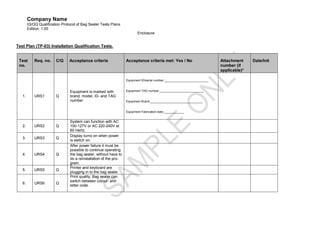 Company Name
        IQ/OQ Qualification Protocol of Bag Sealer Tests Plans.
        Edition: 1.00
                                                                          Enclosure


Test Plan (TP-03) Installation Qualification Tests.


 Test       Req. no.    C/Q     Acceptance criteria                Acceptance criteria met: Yes / No                       Attachment     Date/Init
 no.                                                                                                                       number (if
                                                                                                                           applicable)*

                                                                   Equipment ID/serial number:__________________________


                                 Equipment is marked with          Equipment TAG number:__________________________
   1.       URS1        Q        brand, model, ID- and TAG
                                 number.                           Equipment Brand:_______________________________


                                                                   Equipment Fabrication date:____________


                                 System can function with AC
   2.       URS2        Q        100-127V or AC 220-240V at
                                 60 Hertz.
                                 Display turns on when power
   3.       URS3        Q
                                 is switch on.
                                 After power failure it must be
                                 possible to continue operating
   4.       URS4        Q        the bag sealer, without have to
                                 do a reinstallation of the pro-
                                 gram.
                                 Printer and keyboard are
   5.       URS5        Q
                                 plugging in to the bag sealer.
                                 Print quality: Bag sealer can
                                 switch between colour- and
   6.       URS6        Q
                                 letter code.
 