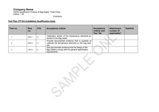 Company Name
        IQ/OQ Qualification Protocol of Bag Sealer Tests Plans.
        Edition: 1.00
                                                      Enclosure

Test Plan (TP-03) Installation Qualification tests.


 Test no.               Req.       C/Q       Acceptance criteria                                    Acceptance      Attachment     Date/Init
                        no.                                                                         criteria met:   number (if
                                                                                                    Yes / No        applicable)*
                                              Calibration sticker of the temperature elements at-
   1.                   URS11      Q
                                              tached to the Bag sealer.
                                              Provide documented evidence that is possible to
   2.                   URS12      Q          calibrate the temperature elements on the bag seal-
                                              ers.
                                             Give documented evidence that the design of the
   3.                   URS13      Q         Bag Sealers comply with the general specification
                                             requirements.
 