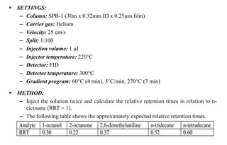  SETTINGS:
– Column: SPB-1 (30m x 0.32mm ID x 0.25µm film)
– Carrier gas: Helium
– Velocity: 25 cm/s
– Split: 1:100
– Injection volume: 1 µl
– Injector temperature: 220°C
– Detector: FID
– Detector temperature: 300°C
– Gradient program: 60°C (4 min), 5°C/min, 270°C (3 min)
 METHOD:
– Inject the solution twice and calculate the relative retention times in relation to n-
eicosane (RRT = 1).
– The following table shows the approximately expected relative retention times.
 