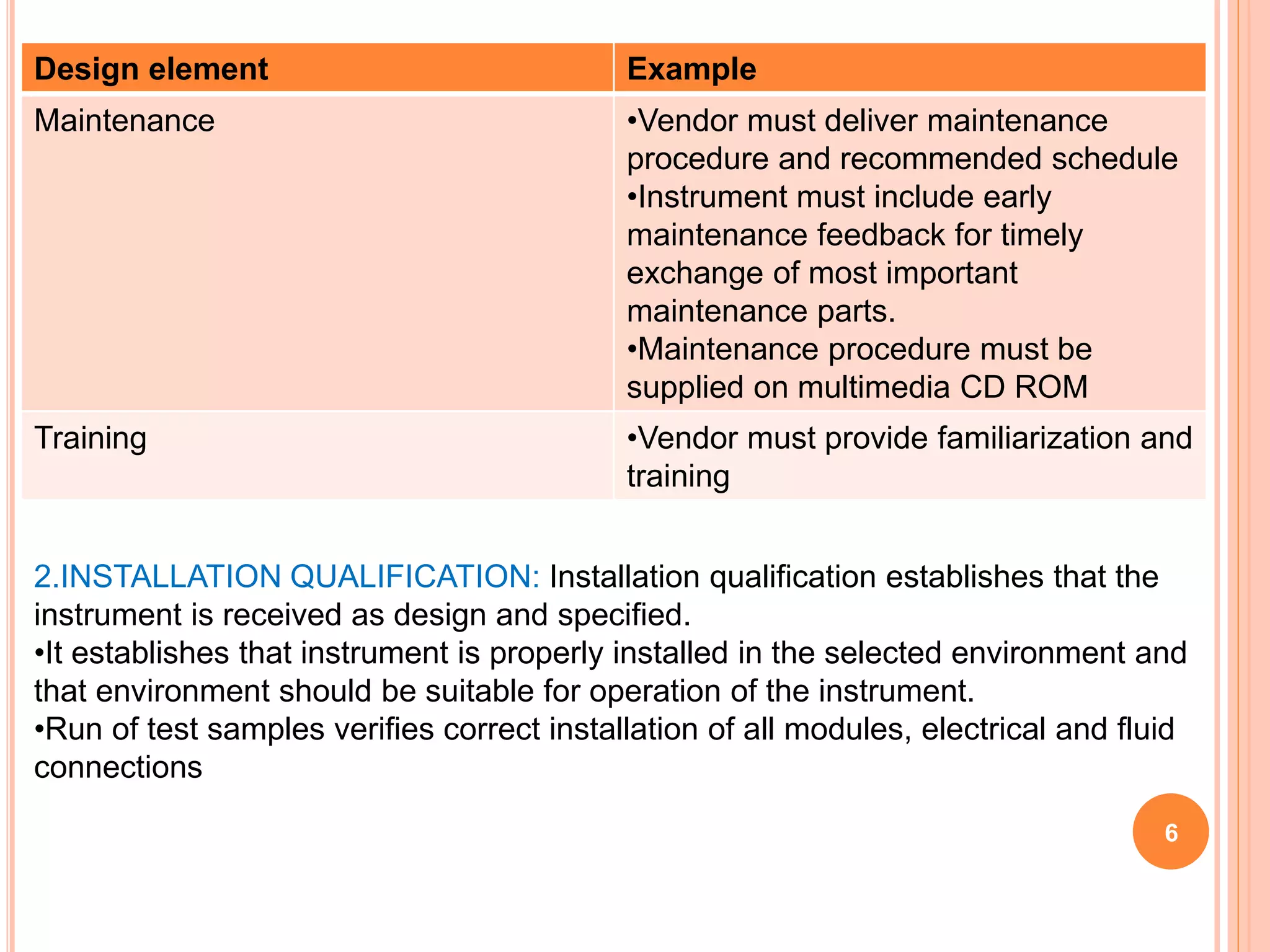 Design element Example
Maintenance •Vendor must deliver maintenance
procedure and recommended schedule
•Instrument must include early
maintenance feedback for timely
exchange of most important
maintenance parts.
•Maintenance procedure must be
supplied on multimedia CD ROM
Training •Vendor must provide familiarization and
training
2.INSTALLATION QUALIFICATION: Installation qualification establishes that the
instrument is received as design and specified.
•It establishes that instrument is properly installed in the selected environment and
that environment should be suitable for operation of the instrument.
•Run of test samples verifies correct installation of all modules, electrical and fluid
connections
6
 