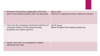 • Retention time precision (applicable to the main
peak of the standard solution when not saturated)
RSD ≤ 2.0%
(minimum 5 injections of test or reference solution)
• Carry-over (by comparing consecutive injections of
a standard solution of the substance being
quantified and a blank injection)
≤0.2% (assay)
Below disregard limit (related substances)
• Signal/ noise ratio ( to be applied for related
substances test only)
 