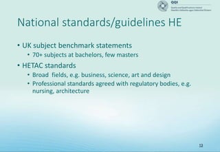 National standards/guidelines HE
• UK subject benchmark statements
• 70+ subjects at bachelors, few masters
• HETAC standards
• Broad fields, e.g. business, science, art and design
• Professional standards agreed with regulatory bodies, e.g.
nursing, architecture
13
 
