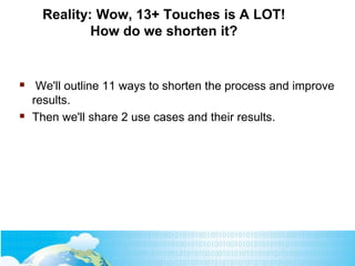 Reality: Wow, 13+ Touches is A LOT!
How do we shorten it?
 We'll outline 11 ways to shorten the process and improve
results.
 Then we'll share 2 use cases and their results.
 