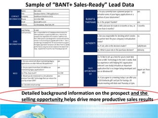 Sample of “BANT+ Sales-Ready” Lead Data
Detailed background information on the prospect and the
selling opportunity helps drive more productive sales results
 