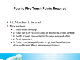 Four to Five Touch Points Required
 4 to 5 touches, to be exact
 This involves:
 1. Initial email campaign
 2. Initial call (Left voice message or directed to proper contact)
 3. Call to engage new contact in the value prop and offers
 4. Email to contact
 5. Call to complete qualification script, and if qualified then
close on Superior Glove sales rep appointment
 