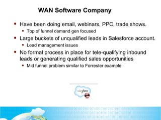 WAN Software Company
 Have been doing email, webinars, PPC, trade shows.
 Top of funnel demand gen focused
 Large buckets of unqualified leads in Salesforce account.
 Lead management issues
 No formal process in place for tele-qualifying inbound
leads or generating qualified sales opportunities
 Mid funnel problem similar to Forrester example
 