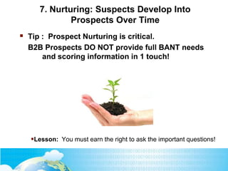 7. Nurturing: Suspects Develop Into
Prospects Over Time
 Tip : Prospect Nurturing is critical.
B2B Prospects DO NOT provi...