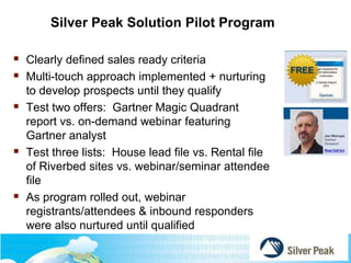 Silver Peak Solution Pilot Program
 Clearly defined sales ready criteria
 Multi-touch approach implemented + nurturing
t...