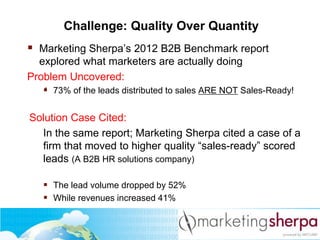 Challenge: Quality Over Quantity

 Marketing Sherpa’s 2012 B2B Benchmark report
explored what marketers are actually doin...
