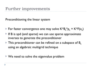 Further improvements Preconditioning the linear system For faster convergence one may solve K*B k *p k  = K*F(x k ) If B is spd (and sparse) we can use sparse approximate inverses to generate the preconditioner This preconditioner can be refined on a subspace of B k  using an algebraic multigrid technique We need to solve the eigenvalue problem 