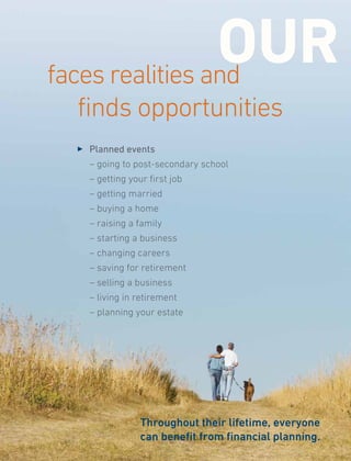 3 	Planned events
	 – going to post-secondary school
	 – getting your first job
	 – getting married
	 – buying a home
	 – raising a family
	 – starting a business
	 – changing careers
	 – saving for retirement
	 – selling a business
	 – living in retirement
	 – planning your estate
OUR 
Throughout their lifetime, everyone
can benefit from financial planning.
faces realities and
finds opportunities
 
