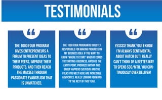 Testimonials
The 1000 Four program
gives entrepreneurs a
forum to present ideas to
their peers, improve their
products, and then reach
the masses through
passionate evangelism that
is unmatched.
The 1000 Four program is directly
responsible for making progress on
my business idea. If you want to
know ‘where to start’ when it comes
to starting a business, Hatch is THE
entry point. Progress within this
group happens everyday and the
folks you meet here are incredible
advocates. Really looking forward
to the rest of this year.
Yessss! Thank you! I know
I’m always sentimental
about Hatch but I really
can’t think of a better way
to spend $30/mth. You con-
tinuously over deliver!
 